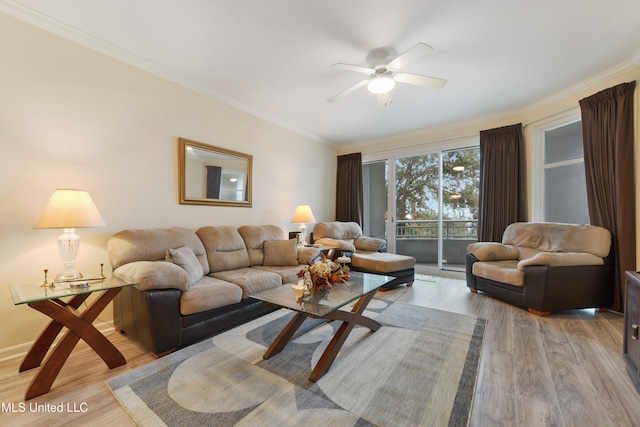 living room with ceiling fan, light hardwood / wood-style flooring, and ornamental molding