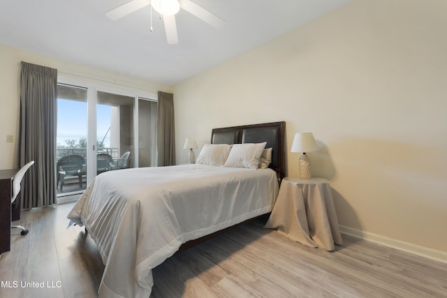 bedroom featuring access to exterior, ceiling fan, and light hardwood / wood-style flooring