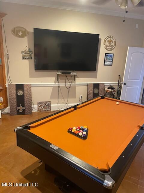 game room featuring ceiling fan, ornamental molding, pool table, and tile patterned floors