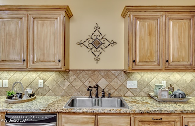 718 Tortoise Rdg, Brandon, MS 39047 - kitchen with a sink, light brown cabinets, dishwasher, tasteful backsplash, and light stone countertops