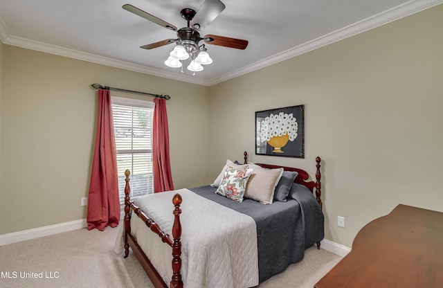 718 Tortoise Rdg, Brandon, MS 39047 - bedroom with light colored carpet, ornamental molding, baseboards, and a ceiling fan