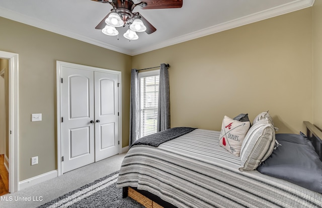 718 Tortoise Rdg, Brandon, MS 39047 - carpeted bedroom featuring ornamental molding, baseboards, a closet, and ceiling fan