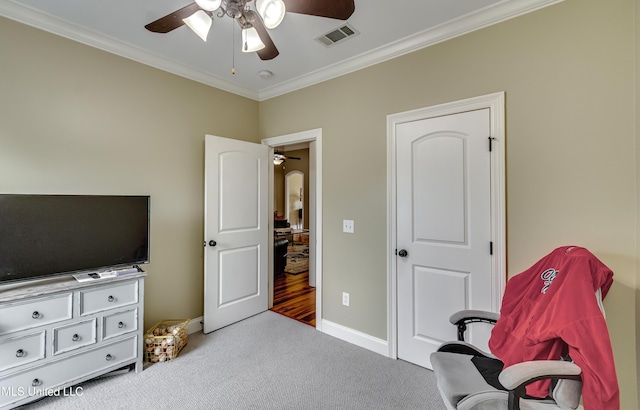 718 Tortoise Rdg, Brandon, MS 39047 - living area with a ceiling fan, crown molding, carpet floors, and baseboards
