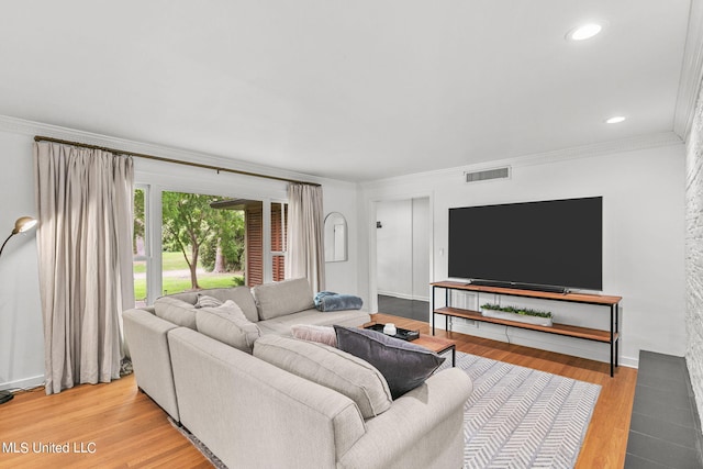 living room featuring light hardwood / wood-style floors and ornamental molding