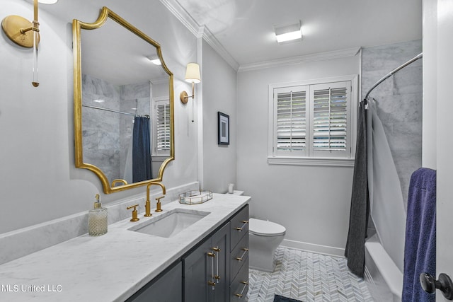 full bathroom with vanity, crown molding, shower / bath combo with shower curtain, and toilet