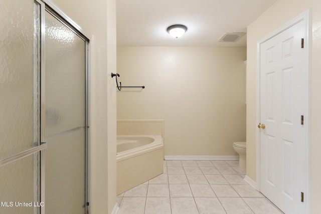 bathroom with tile patterned flooring, visible vents, a shower stall, toilet, and a bath