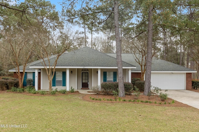 ranch-style house with a front yard, an attached garage, driveway, and a shingled roof