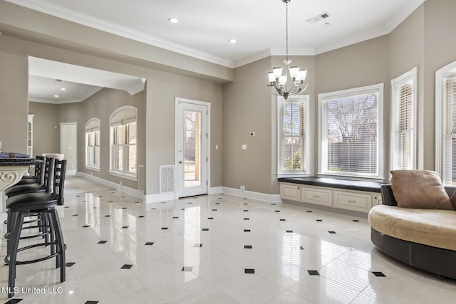 interior space with crown molding, light tile patterned floors, and a notable chandelier