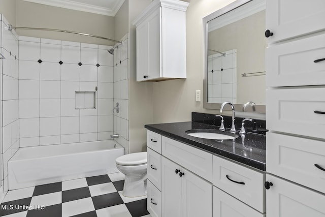 full bathroom featuring tiled shower / bath combo, crown molding, vanity, and toilet