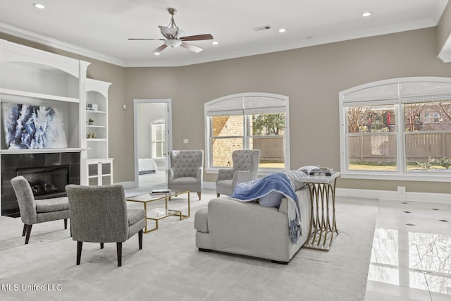 living room with light colored carpet, a fireplace, ornamental molding, and ceiling fan