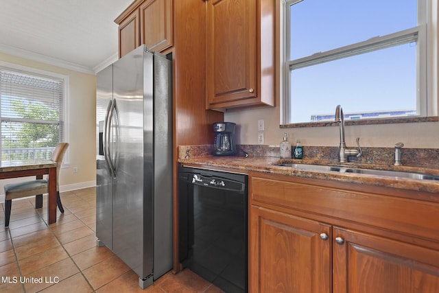 kitchen with stainless steel fridge with ice dispenser, black dishwasher, dark stone counters, ornamental molding, and sink