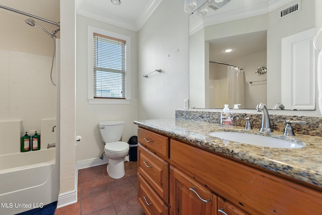 full bathroom featuring toilet, tile patterned flooring, shower / bath combination with curtain, crown molding, and vanity