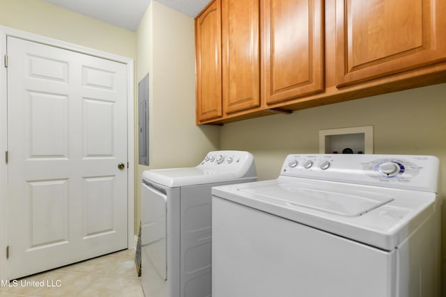 2668 Beach Blvd Unit 304, Biloxi, MS 39531 - laundry area featuring cabinet space, washer and dryer, light tile patterned floors, and electric panel