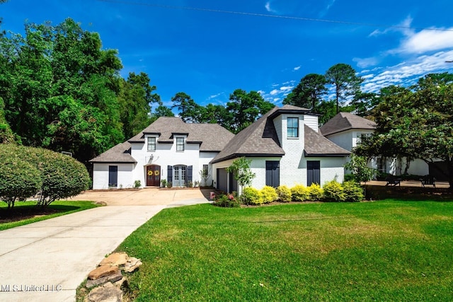 french country home featuring a garage and a front yard