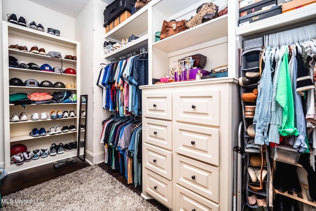 spacious closet with dark wood-type flooring