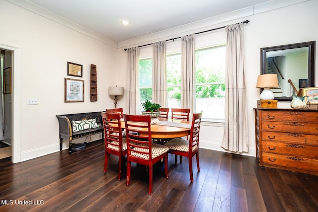 dining area featuring dark wood-type flooring and ornamental molding