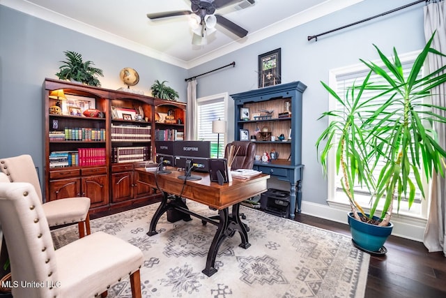 office area featuring dark wood-type flooring, ornamental molding, and ceiling fan