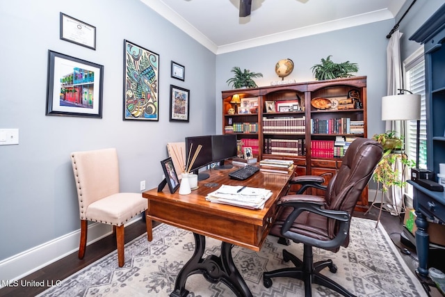 office space featuring ceiling fan, wood-type flooring, and ornamental molding