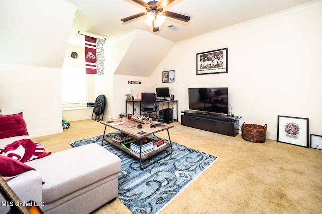 living room featuring ornamental molding, lofted ceiling, carpet flooring, and ceiling fan