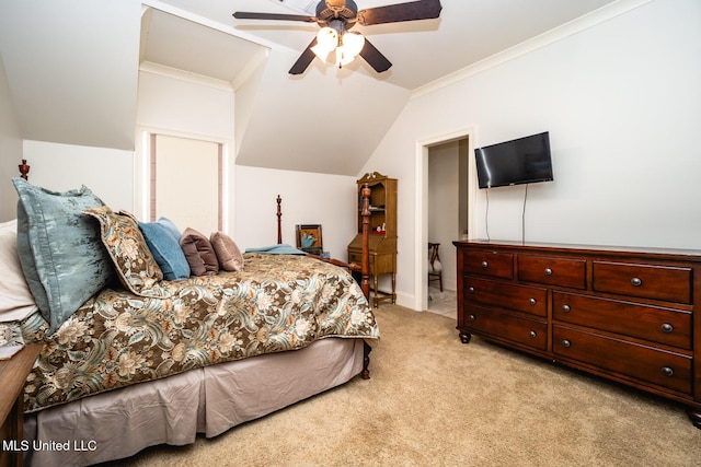 bedroom featuring light carpet, crown molding, lofted ceiling, and ceiling fan