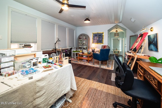 home office featuring ceiling fan, dark hardwood / wood-style floors, vaulted ceiling, and wooden ceiling