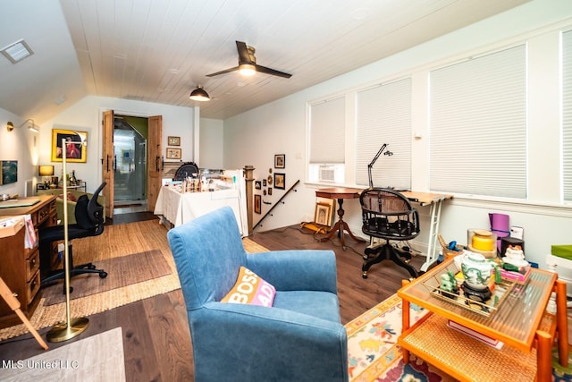 office with dark wood-type flooring, lofted ceiling, wood ceiling, and ceiling fan