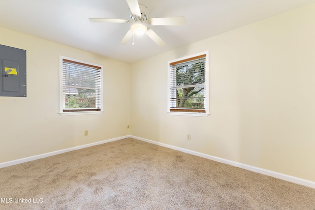 empty room with carpet, electric panel, and ceiling fan