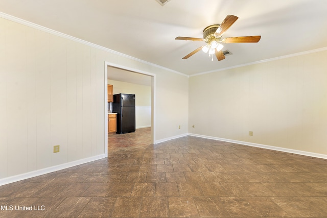 empty room with ceiling fan and ornamental molding