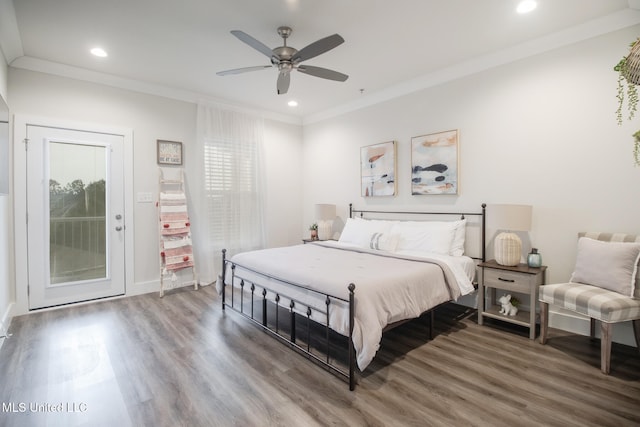 bedroom with access to outside, ornamental molding, wood-type flooring, and ceiling fan