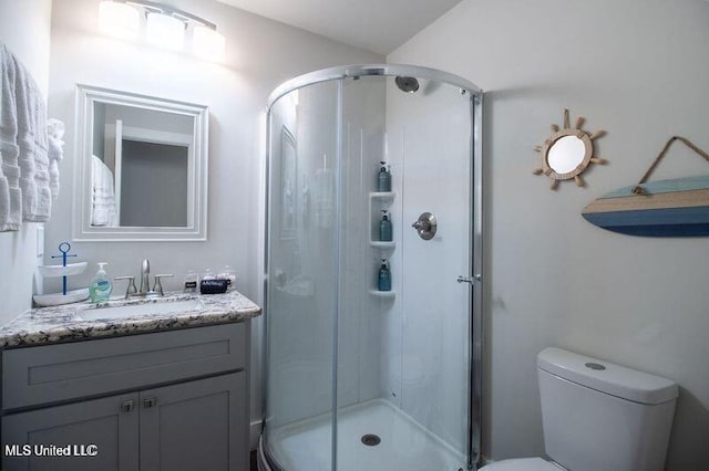 bathroom featuring vanity, toilet, and a shower with door