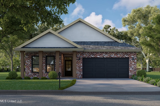 view of front of house featuring brick siding, concrete driveway, roof with shingles, a front yard, and a garage