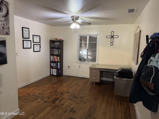 office with baseboards, a ceiling fan, visible vents, and dark wood-style floors