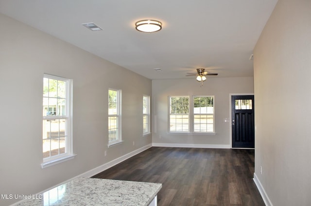 interior space featuring ceiling fan and dark hardwood / wood-style floors