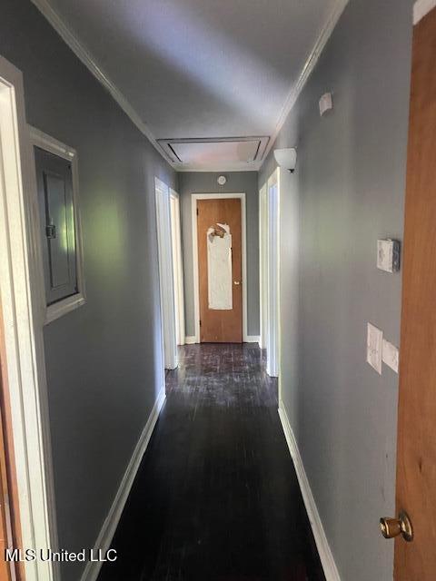2804 Revere St, Jackson, MS 39212 - corridor featuring attic access, dark wood-style floors, baseboards, and ornamental molding