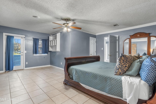 tiled bedroom with a textured ceiling, access to outside, ceiling fan, and crown molding