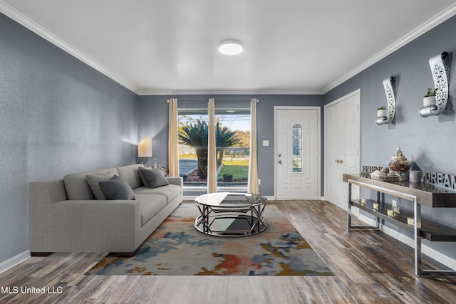 living room with crown molding and wood-type flooring