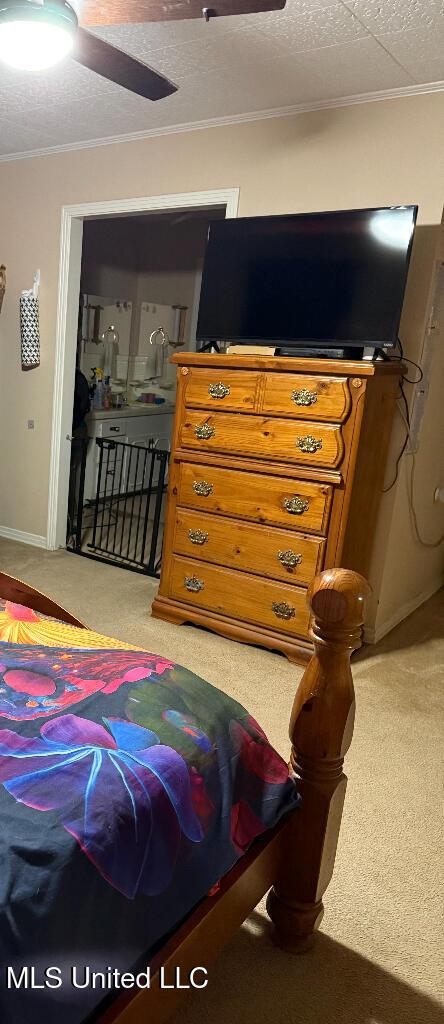 1173 NW Ave, Durant, MS 39063 - bedroom featuring light carpet, crown molding, a ceiling fan, and baseboards