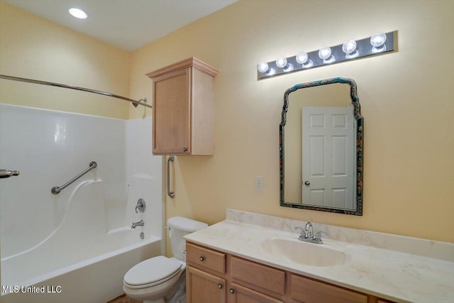 full bathroom with toilet, vanity, and bathing tub / shower combination