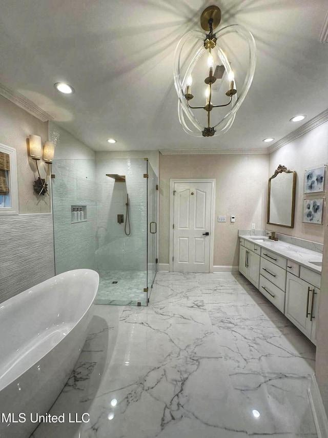 bathroom with a shower stall, crown molding, a soaking tub, and double vanity