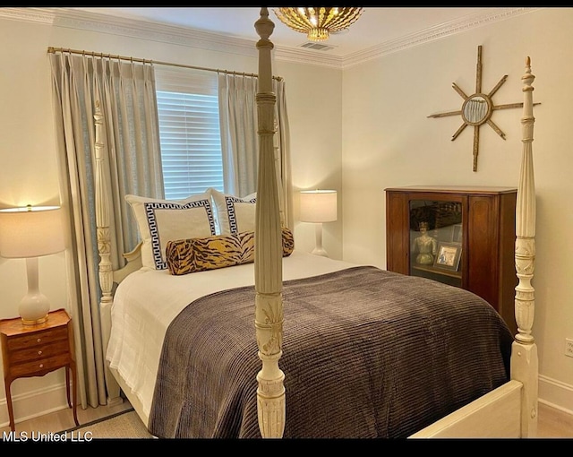 bedroom featuring visible vents, crown molding, and baseboards