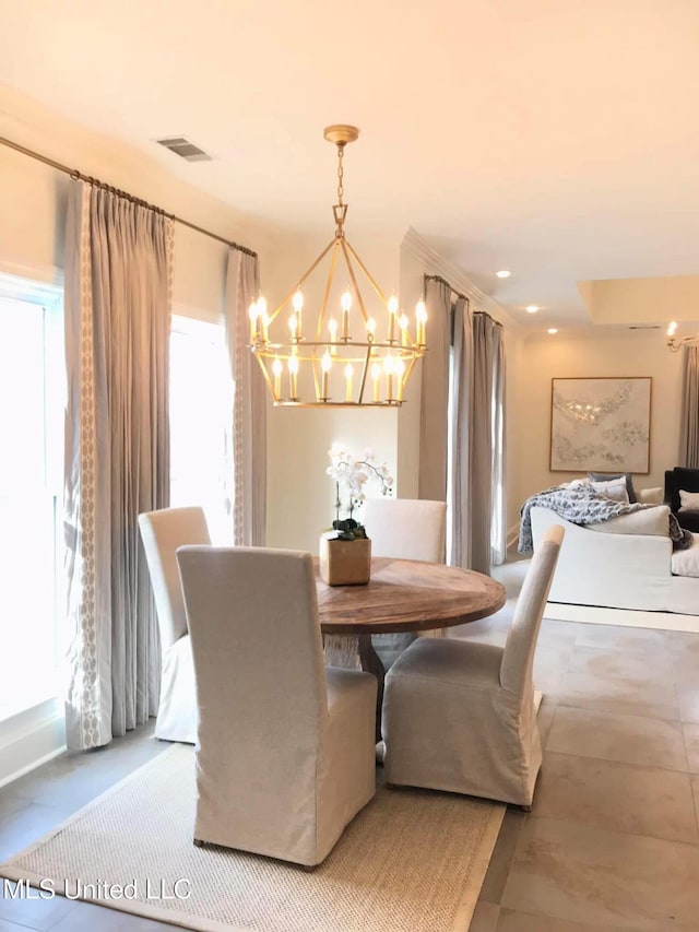 dining room featuring visible vents, recessed lighting, and a chandelier
