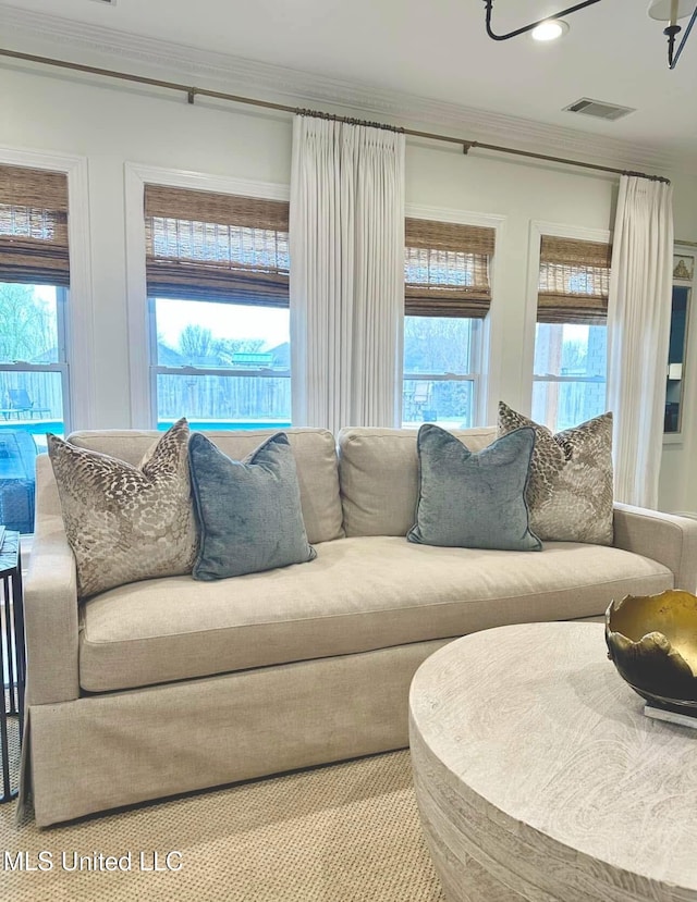 living area featuring crown molding, visible vents, and plenty of natural light