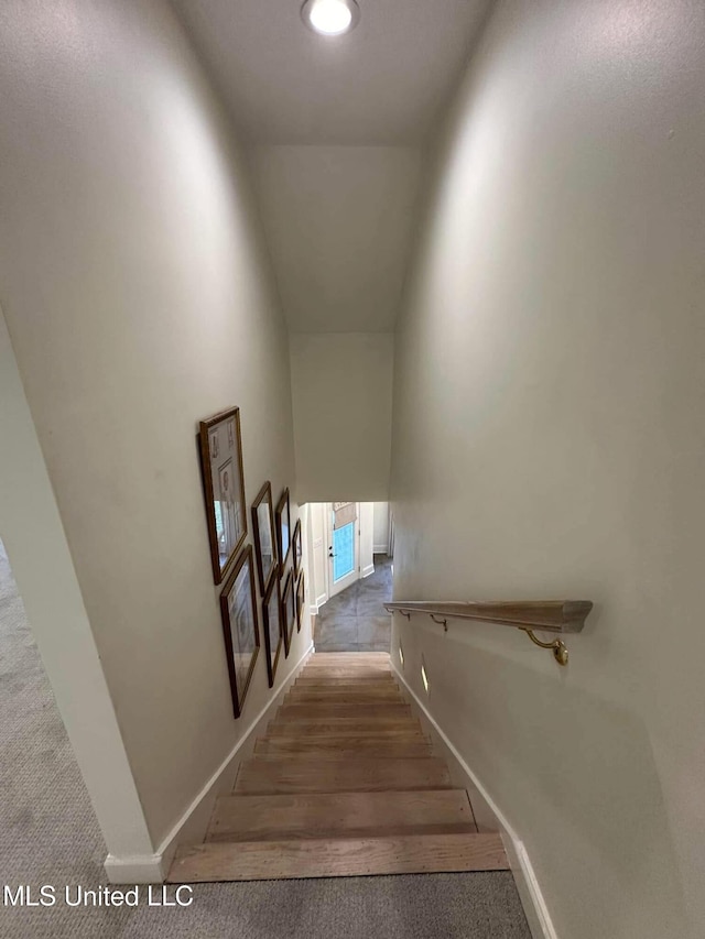 stairs with baseboards and carpet