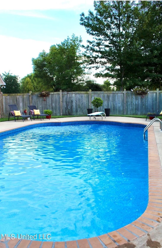 view of swimming pool with a fenced backyard, a fenced in pool, and a diving board