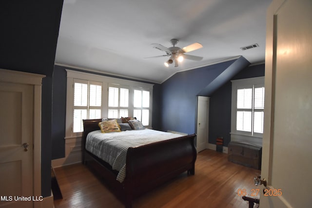 1211 River Rd, Greenwood, MS 38930 - bedroom with wood finished floors, vaulted ceiling, ornamental molding, and ceiling fan