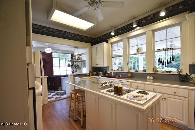 1211 River Rd, Greenwood, MS 38930 - kitchen featuring ceiling fan, white appliances, rail lighting, and light wood-style floors