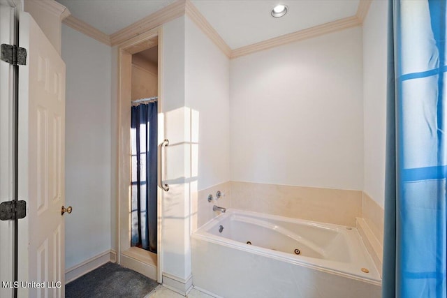 bathroom featuring crown molding and plus walk in shower