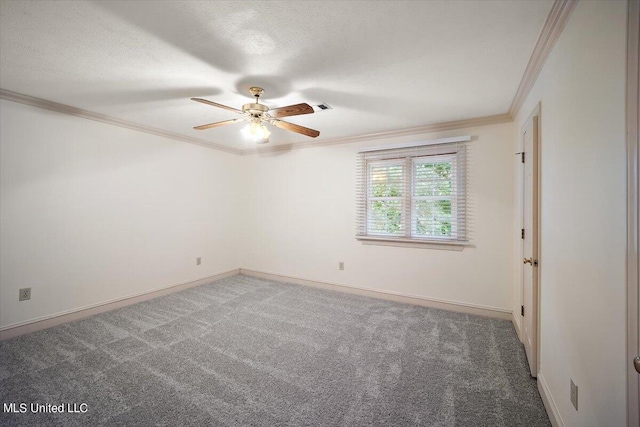 carpeted empty room with crown molding, a textured ceiling, and ceiling fan