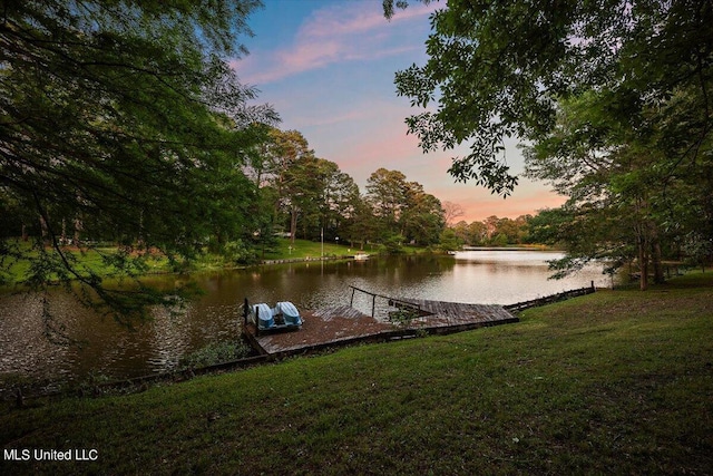 view of dock featuring a yard and a water view