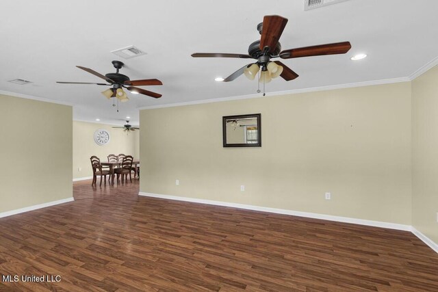 1144 Little Big Mound Rd, Bentonia, MS 39040 - unfurnished room with visible vents, wood finished floors, ceiling fan, and ornamental molding